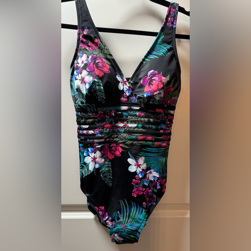 Aqua Green Black and Pink One-Piece Swimsuit with Floral Design